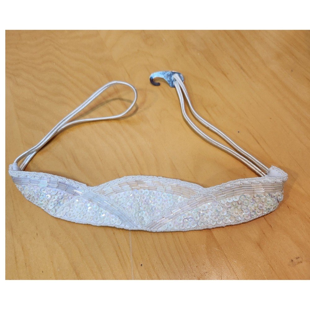Milor Handmade Beaded Sequin Headband White Iridescent Bridal Flapper‎ Style